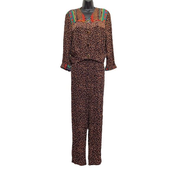 Vintage Carole Little Two Piece Bohemian Pantsuit Beaded Large Buttons 90s Sz 8 - Picture 2 of 16